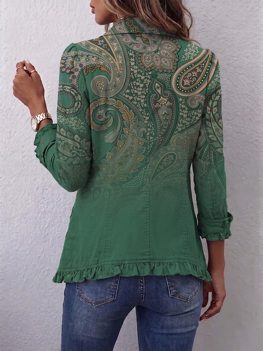 Chaqueta de cachemira verde con volantes