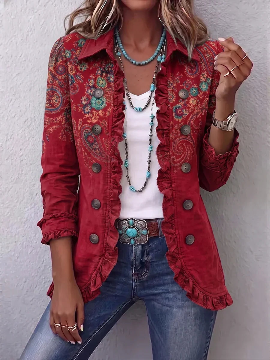 Chaqueta de cachemira roja con volantes