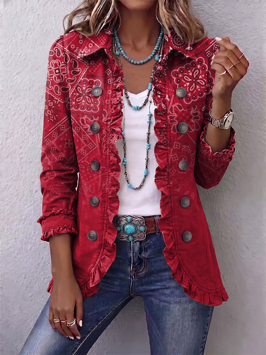 Chaqueta de cachemira roja degradada con volantes