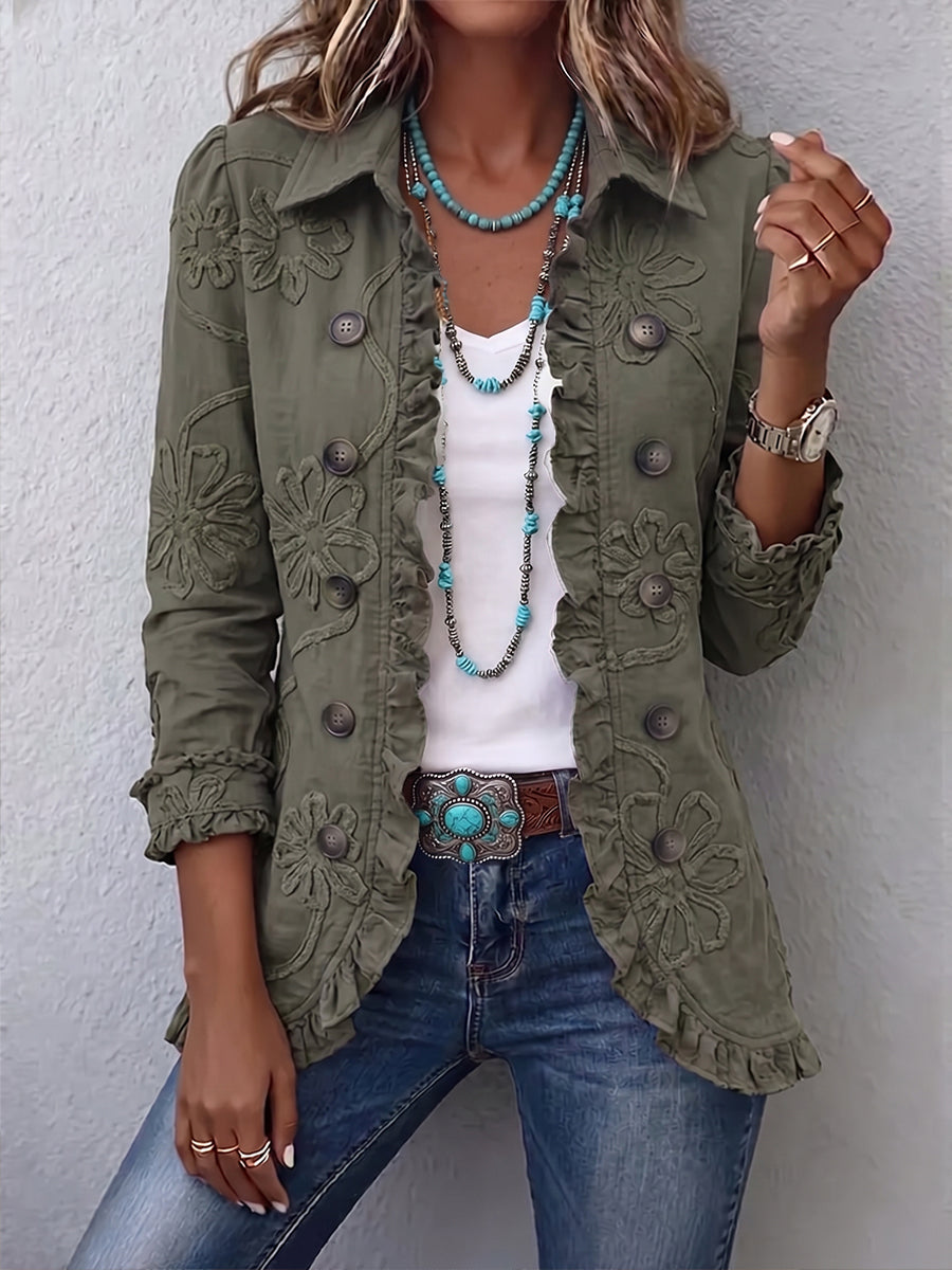 Chaqueta verde bordada con volantes