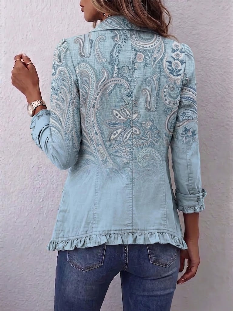Chaqueta de cachemira vintage azul con volantes
