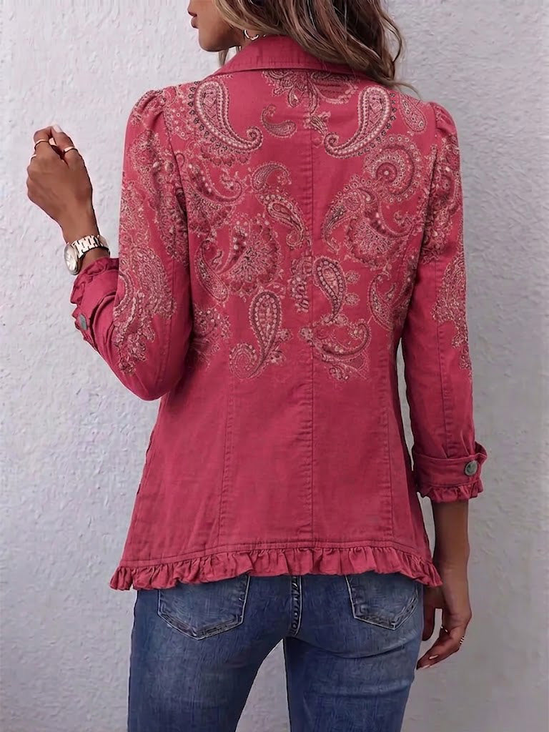 Chaqueta de cachemira rosa con volantes