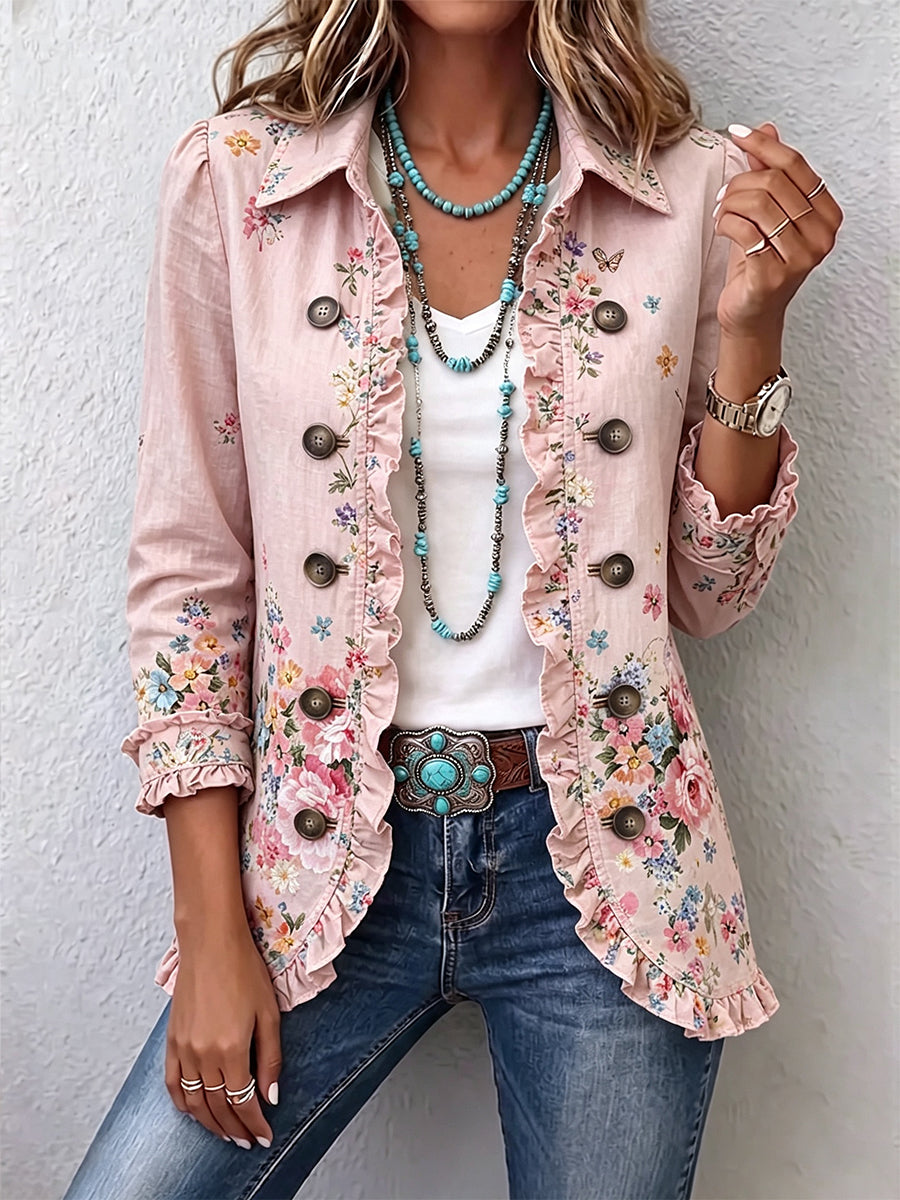 Chaqueta Floral Rosa con Volantes y Botones