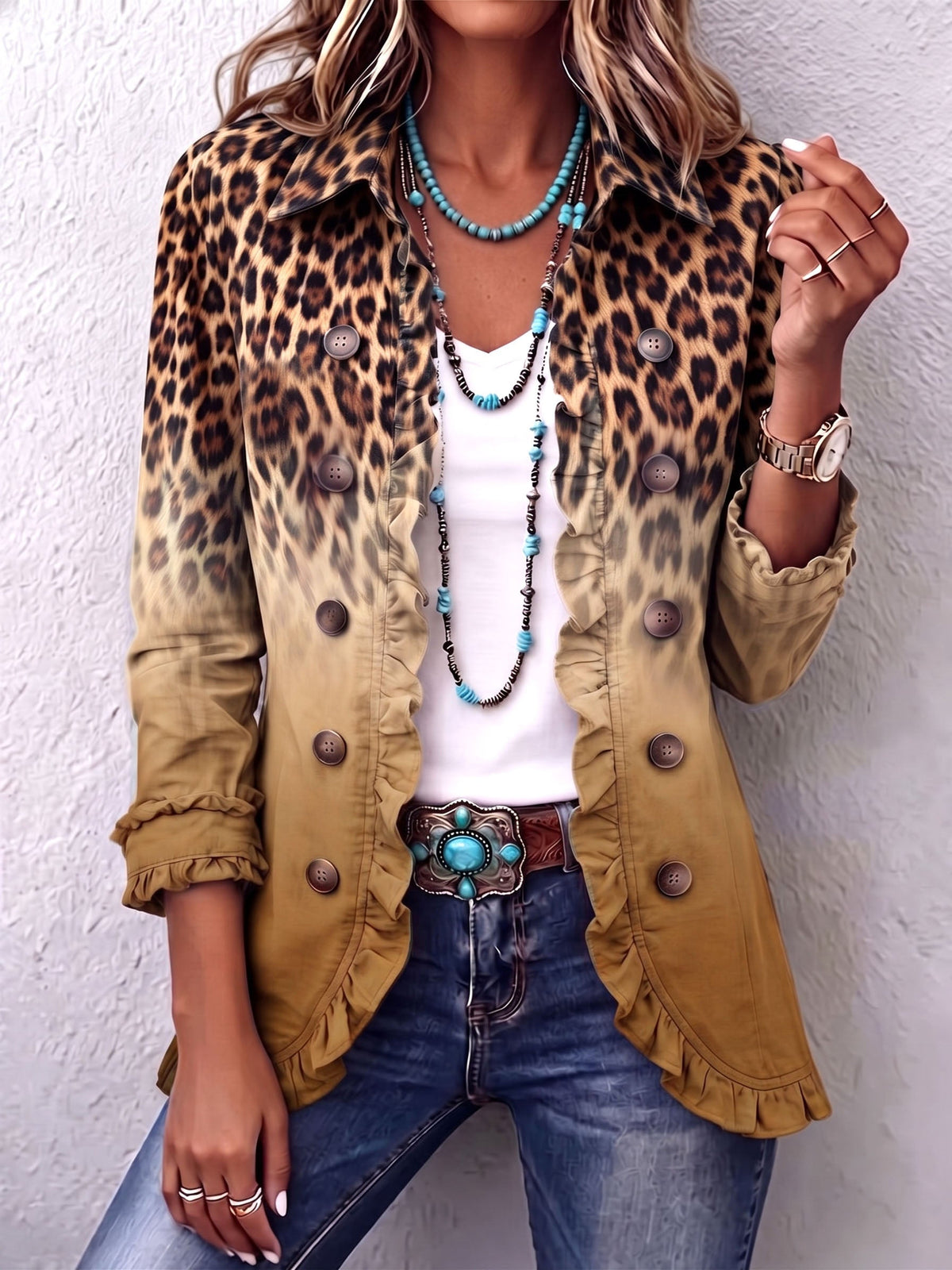 Chaqueta blazer con estampado de leopardo degradado y volantes