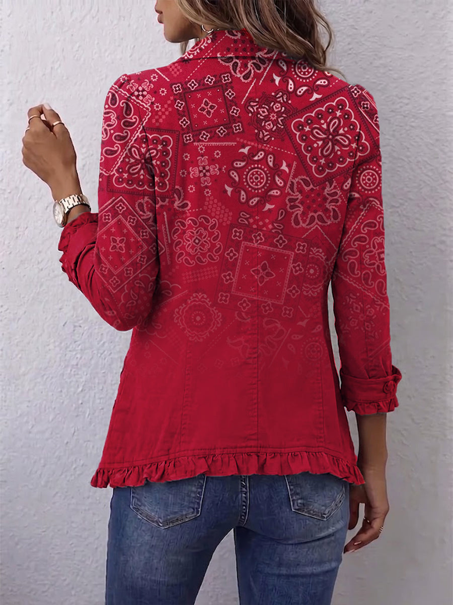 Chaqueta de cachemira roja degradada con volantes