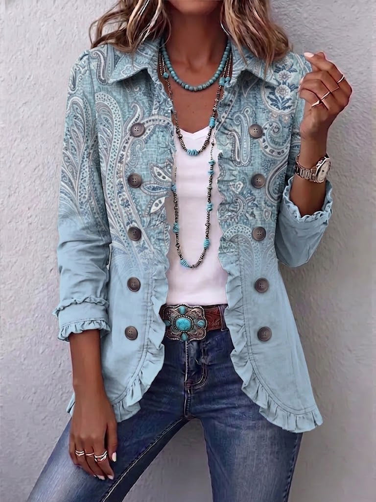 Chaqueta de cachemira vintage azul con volantes
