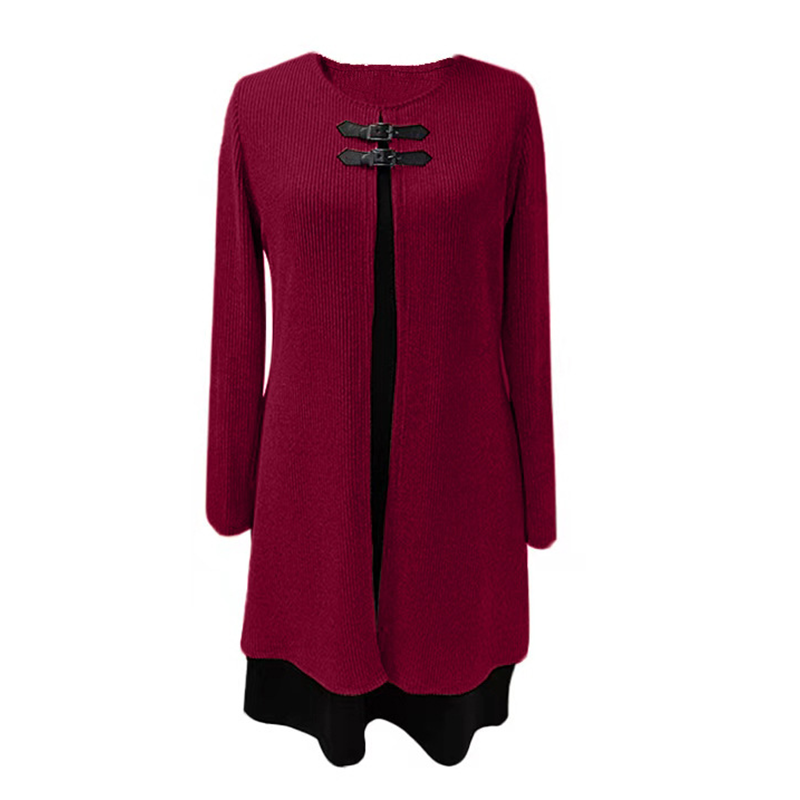 Vestido de mujer de corte evasé, hasta la rodilla, con un sutil efecto de dos piezas