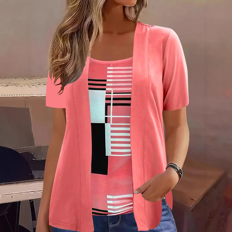 Thaminia - Camiseta de manga corta con efecto de capas y estampado geométrico