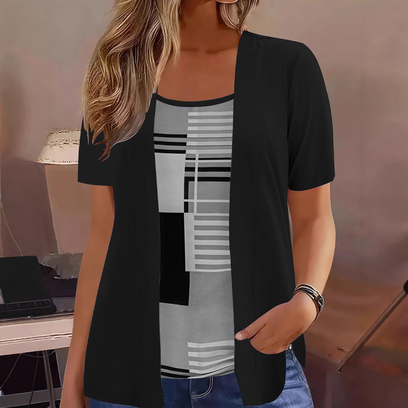 Thaminia - Camiseta de manga corta con efecto de capas y estampado geométrico