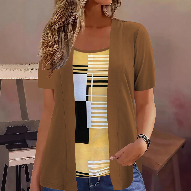 Thaminia - Camiseta de manga corta con efecto de capas y estampado geométrico