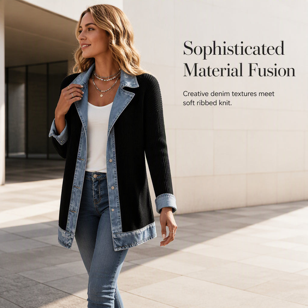 ⭐ Elegante chaqueta vaquera para mujer con inserción de punto acanalado