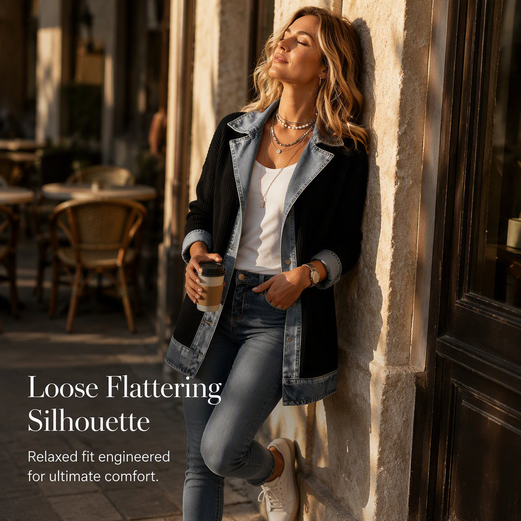 ⭐ Elegante chaqueta vaquera para mujer con inserción de punto acanalado