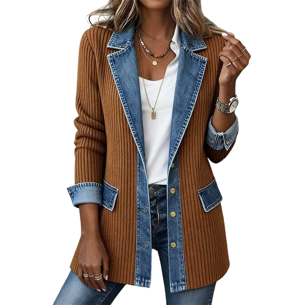 ⭐ Elegante chaqueta vaquera para mujer con inserción de punto acanalado