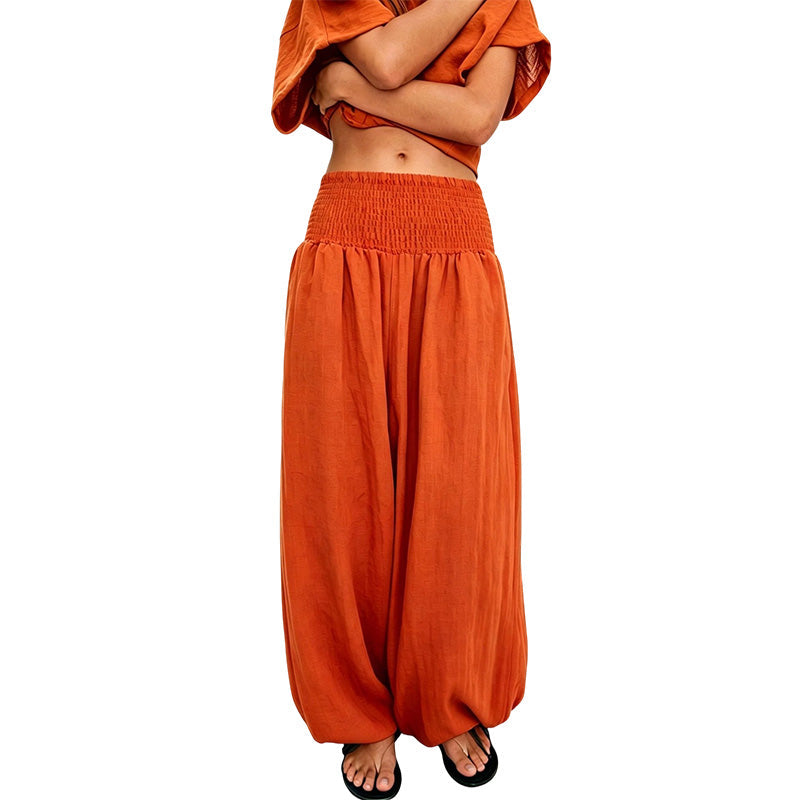 Pantalón sarouel casual para mujer con cintura elástica fruncida