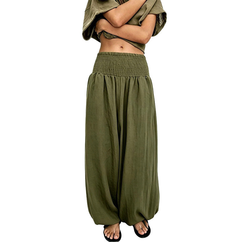 Pantalón sarouel casual para mujer con cintura elástica fruncida