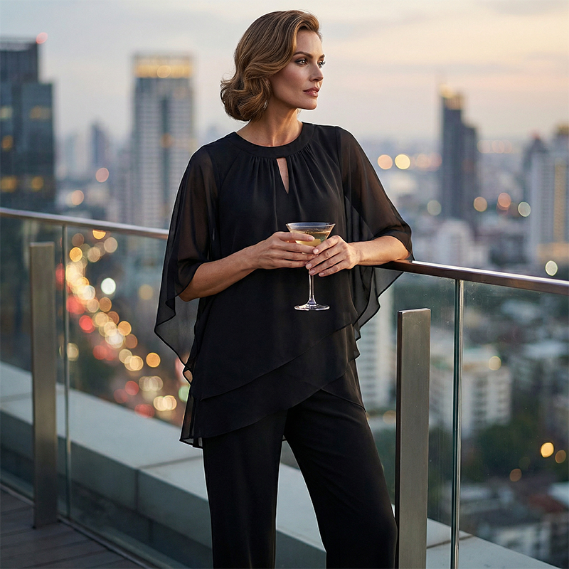 Elegante conjunto de dos piezas: blusa con dobladillo asimétrico y pantalón de pierna ancha