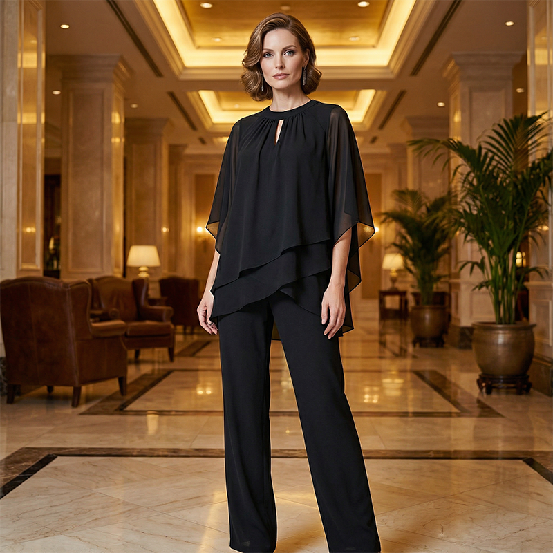 Elegante conjunto de dos piezas: blusa con dobladillo asimétrico y pantalón de pierna ancha