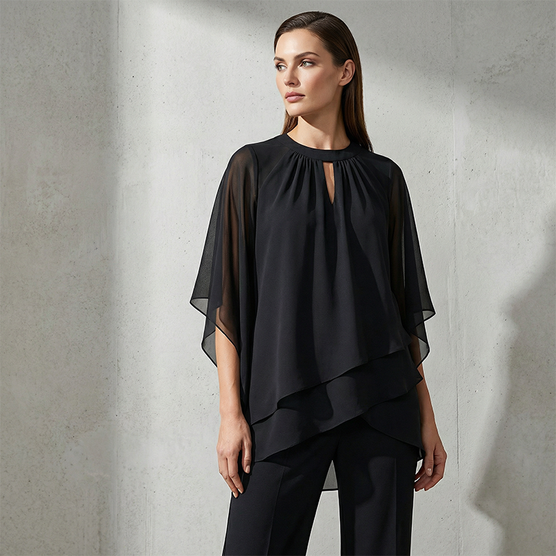 Elegante conjunto de dos piezas: blusa con dobladillo asimétrico y pantalón de pierna ancha