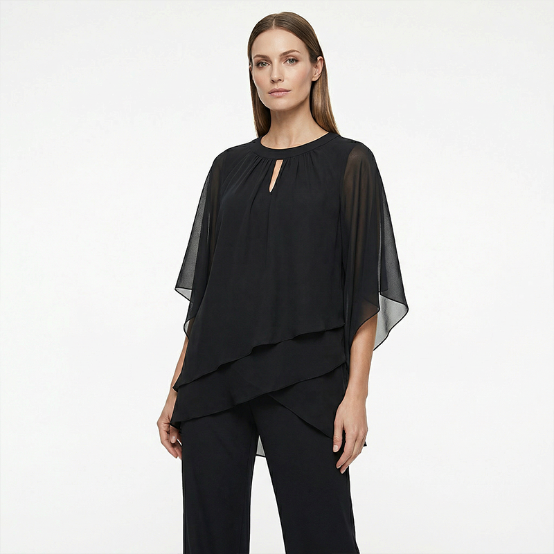 Elegante conjunto de dos piezas: blusa con dobladillo asimétrico y pantalón de pierna ancha