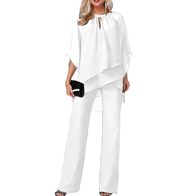 Elegante conjunto de dos piezas: blusa con dobladillo asimétrico y pantalón de pierna ancha