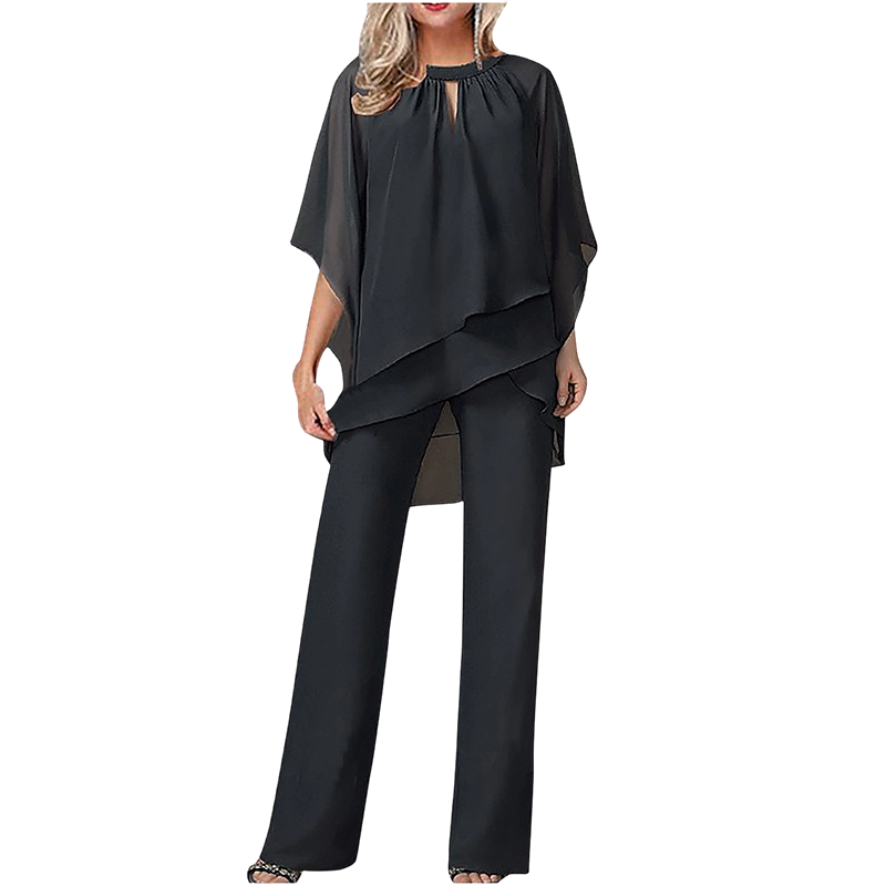 Elegante conjunto de dos piezas: blusa con dobladillo asimétrico y pantalón de pierna ancha
