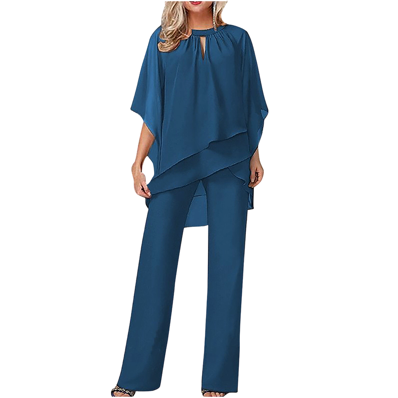 Elegante conjunto de dos piezas: blusa con dobladillo asimétrico y pantalón de pierna ancha