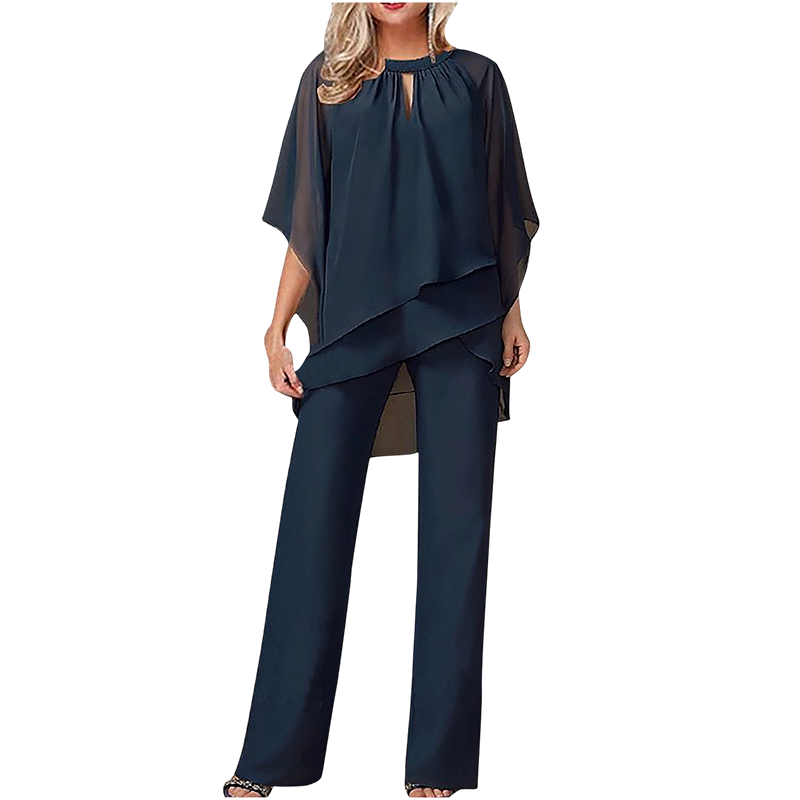 Elegante conjunto de dos piezas: blusa con dobladillo asimétrico y pantalón de pierna ancha