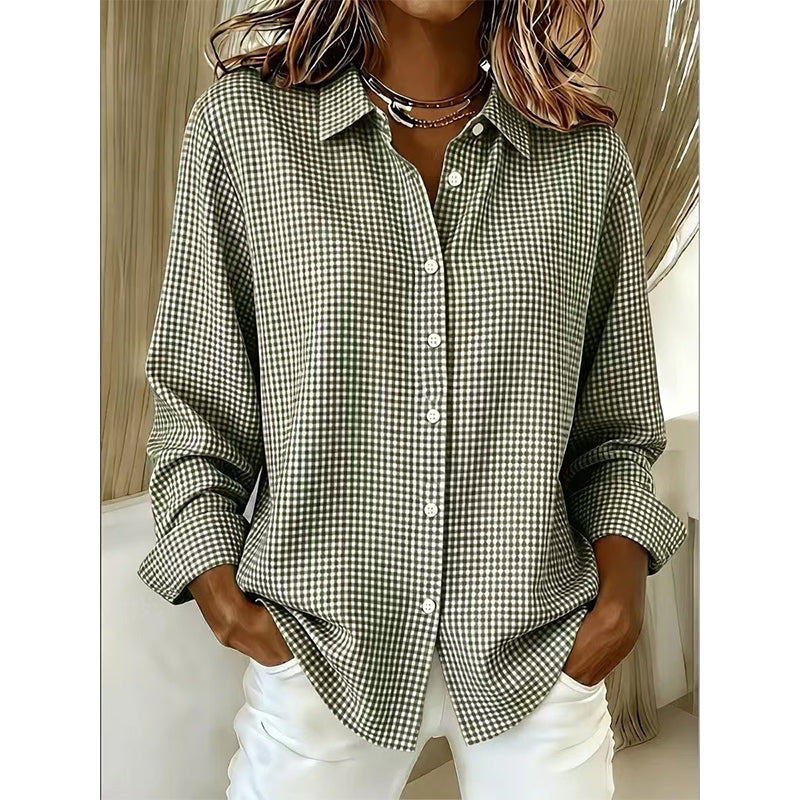 Top retro de cuadros con manga larga para mujer