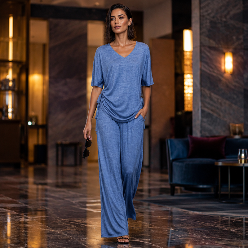 Conjunto casual para mujer: top con escote en V y pantalón de pierna ancha