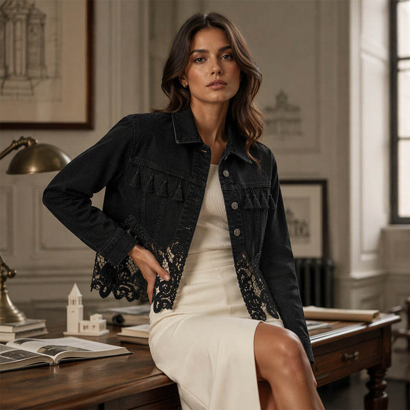 Chaqueta vaquera para mujer con costuras de encaje