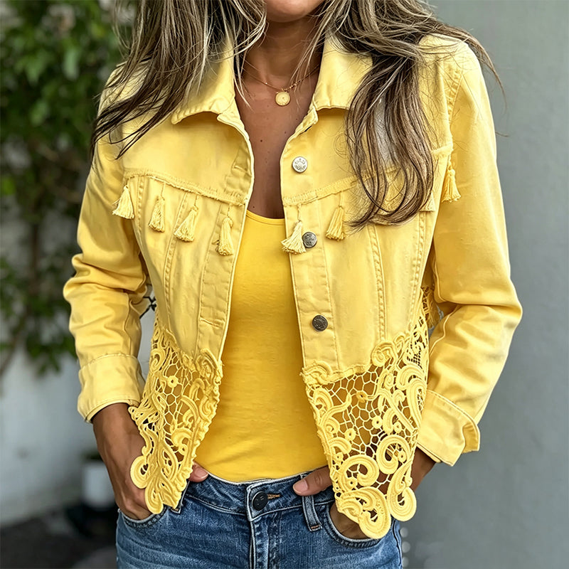 Chaqueta vaquera para mujer con costuras de encaje