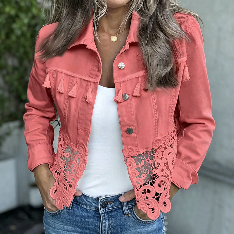 Chaqueta vaquera para mujer con costuras de encaje