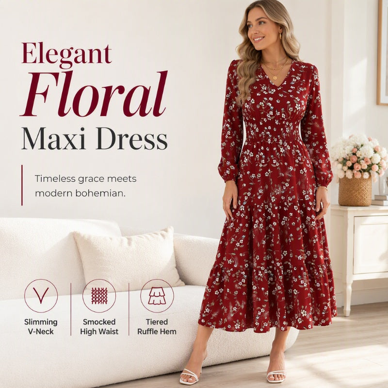 Vestido de mujer con estampado floral, escote en V, cintura fruncida y volantes