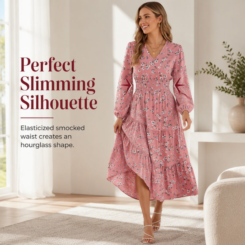 Vestido de mujer con estampado floral, escote en V, cintura fruncida y volantes