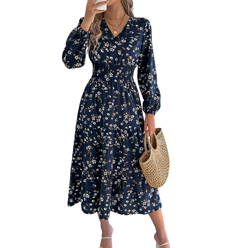 Vestido de mujer con estampado floral, escote en V, cintura fruncida y volantes