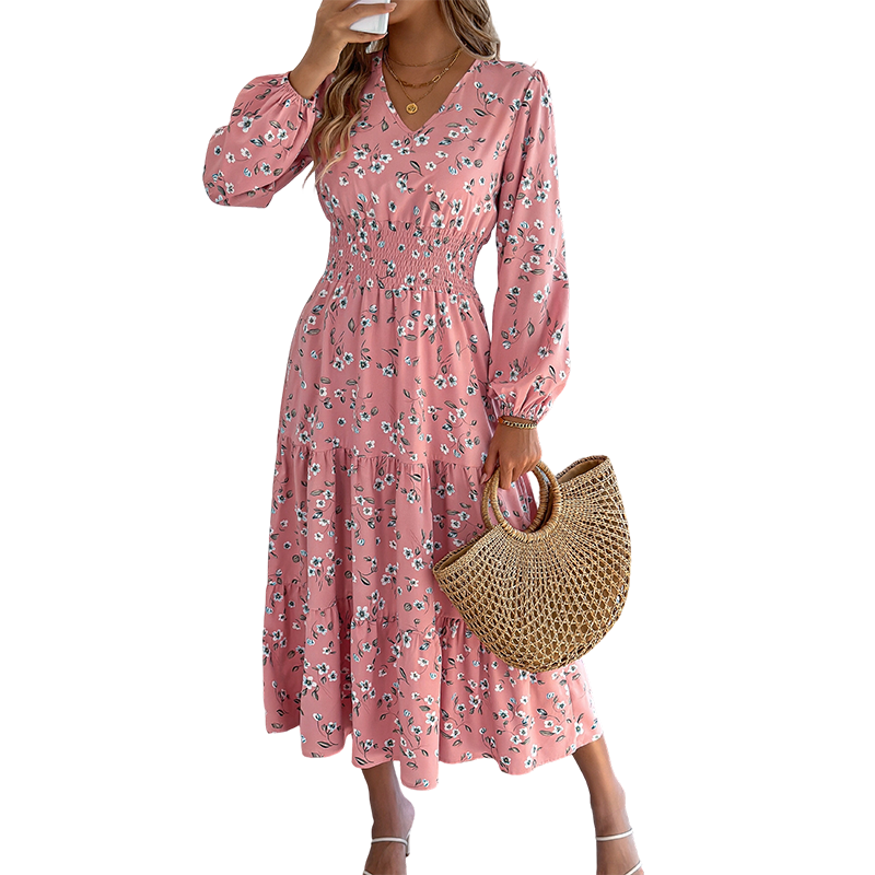 Vestido de mujer con estampado floral, escote en V, cintura fruncida y volantes