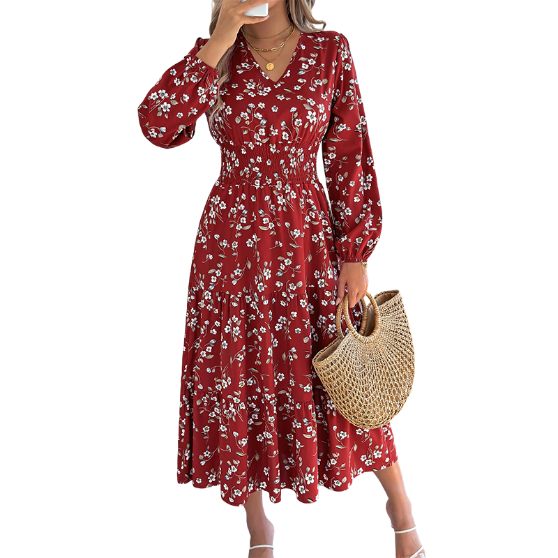 Vestido de mujer con estampado floral, escote en V, cintura fruncida y volantes