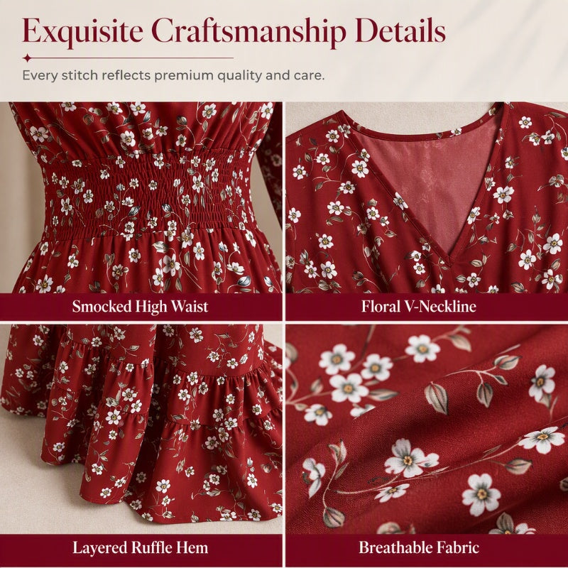 Vestido de mujer con estampado floral, escote en V, cintura fruncida y volantes