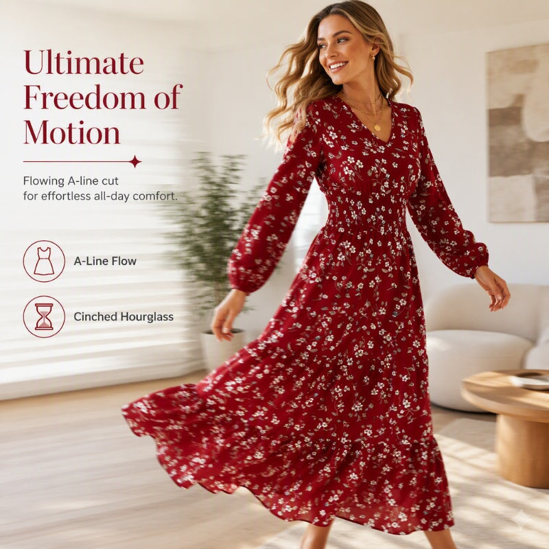 Vestido de mujer con estampado floral, escote en V, cintura fruncida y volantes