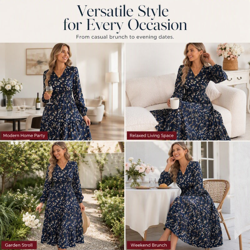 Vestido de mujer con estampado floral, escote en V, cintura fruncida y volantes