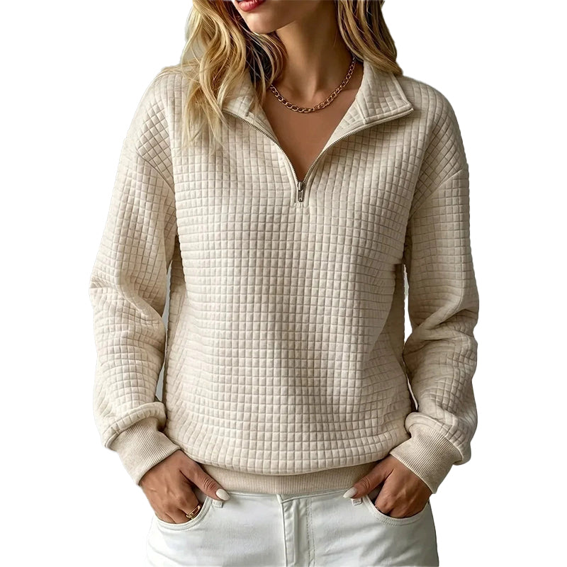 Sudadera acolchada para mujer con patrón de rejilla y media cremallera