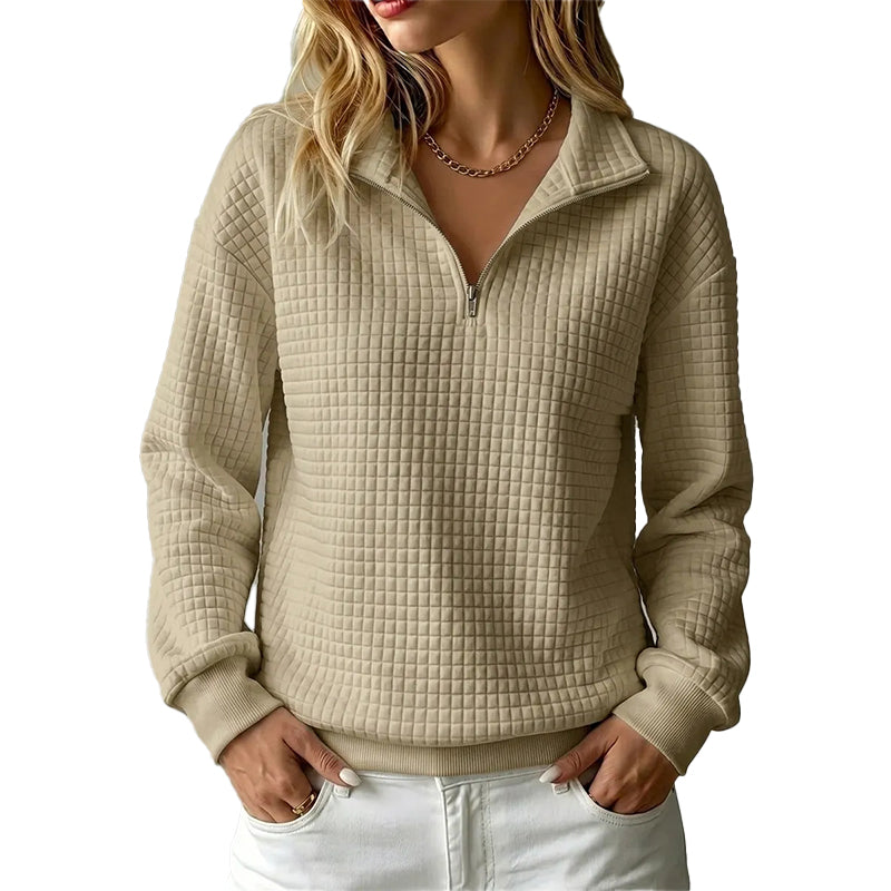 Sudadera acolchada para mujer con patrón de rejilla y media cremallera