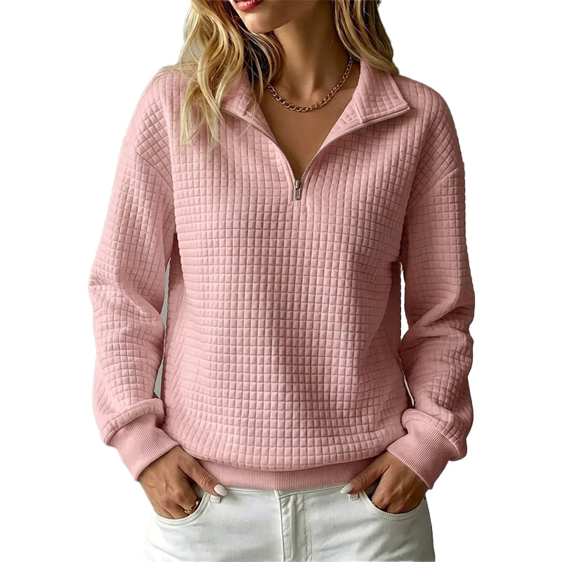 Sudadera acolchada para mujer con patrón de rejilla y media cremallera