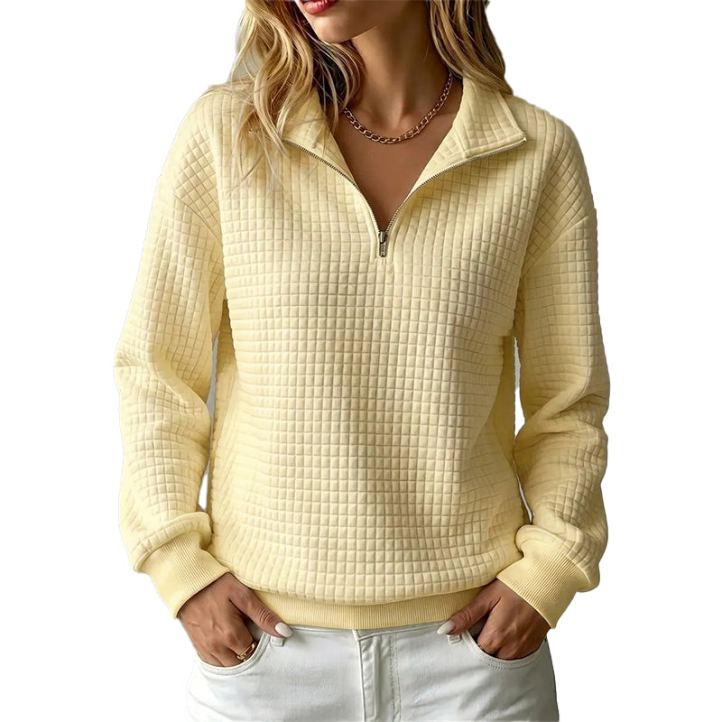 Sudadera acolchada para mujer con patrón de rejilla y media cremallera