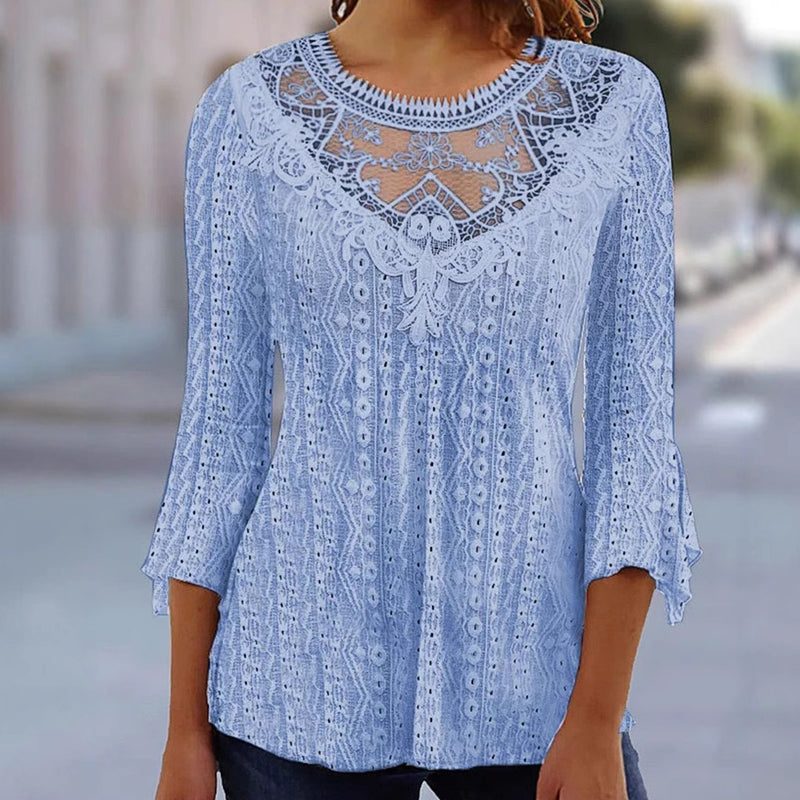 Blusa de mujer de estilo informal con motivo de malla, aplicaciones de encaje y mangas 3/4