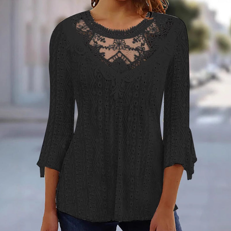 Blusa de mujer de estilo informal con motivo de malla, aplicaciones de encaje y mangas 3/4