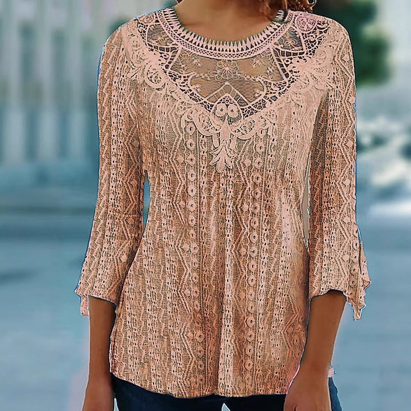 Blusa de mujer de estilo informal con motivo de malla, aplicaciones de encaje y mangas 3/4
