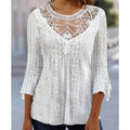 Blusa de mujer de estilo informal con motivo de malla, aplicaciones de encaje y mangas 3/4