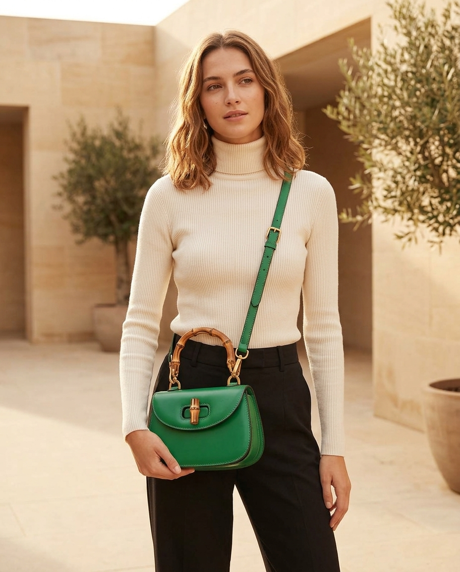Bolso con Asa Superior y Detalle de Bambú
