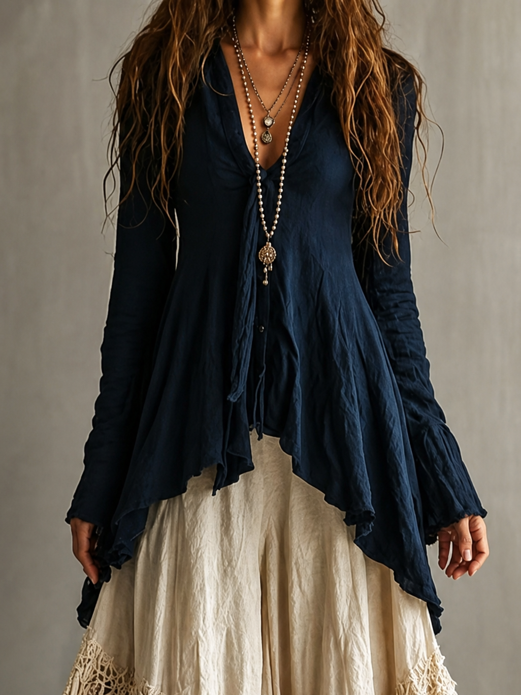 Conjunto bohemio de top asimétrico de manga larga y falda maxi